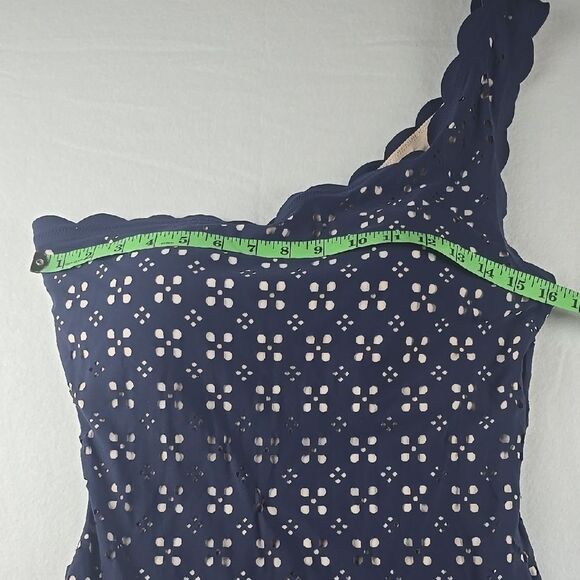 J. Crew Women's Scalloped one-shoulder swimsuit in laser-cut eyelet Navy Size 14 - Picture 3 of 10